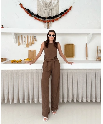 Sıfır kol Drapeli bluz ve pantolonlu ikili takım