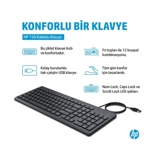 HP 150 664R5AA SİYAH KABLOLU KLAVYE NUMBER LOCK,CAPS LOCK VE SCROLL LOCK GÖSTERGELERİ