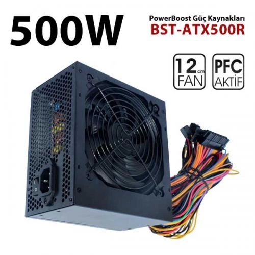 POWERBOOST PB500AR 500W APFC 2-PCI-E 6+2 PİN 12CM SİYAH FANLI ATX POWER SUPPLY