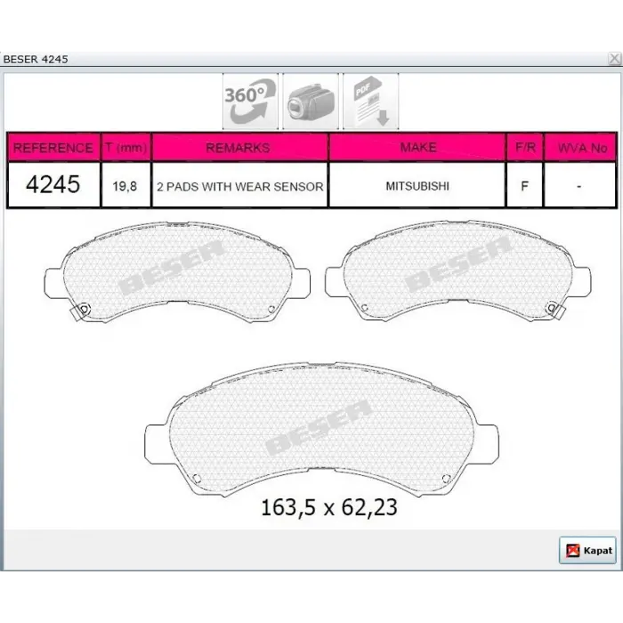 FREN BALATASI ARKA  MITSUBISHI CANTER 300 (12>) A35 (13>) B75L (12>) B25 (15>) B85 813>)