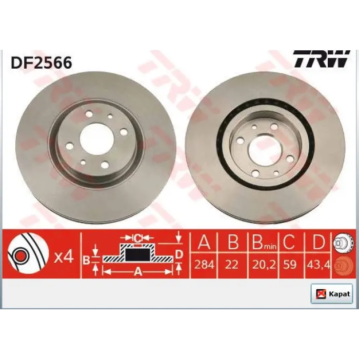 FREN DİSKİ ÖN BRAVO II (06>) DOBLO-STILO (01-10) IDEA (03>) STRADA (98-08) LINEA (07>) MAREA (96-07) HAVALI 284MM