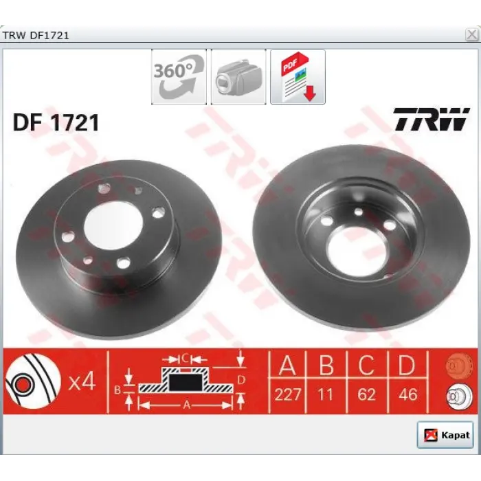 FREN DİSKİ ÖN M131 DKŞ (87-02) M124 (66-85) PANDA (80-04) UNO 60 (83-06) UNO 70 (83-06) DÜZ 227MM