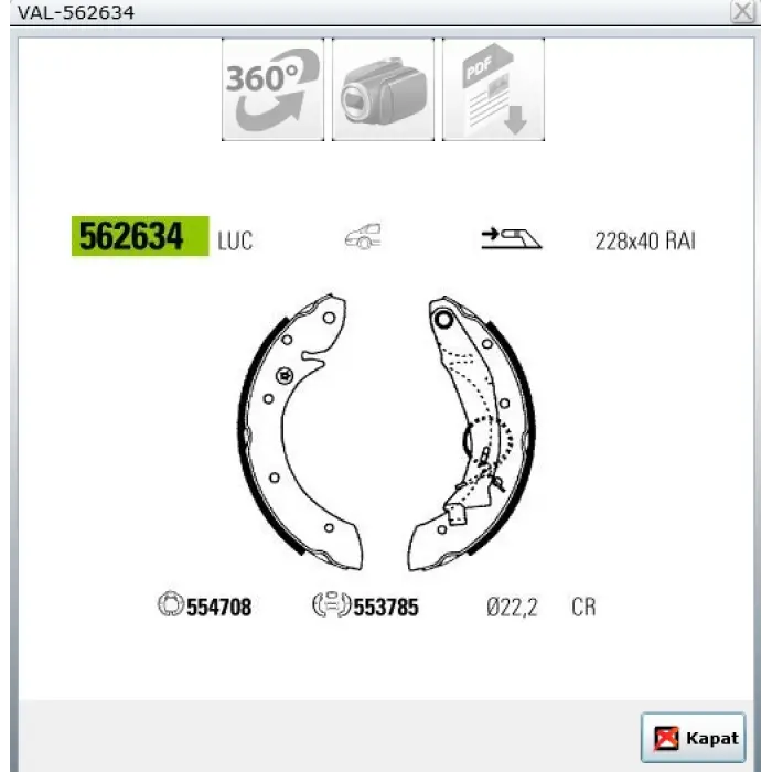 ARKA PABUÇLU BALATA PARTNER (96-08) BERLİNGO (96-08) XSARA PICASSO (99>) P405 I (87-96) P405 II (92-99) 228.6X 42 MM