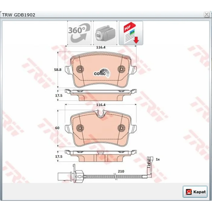 FREN BALATASI ARKA A4 (07-15) A5 (09-16) A6 (2010>) A7 (2010>) Q5 (08-16) MACAN (14>) 210MM KABLO