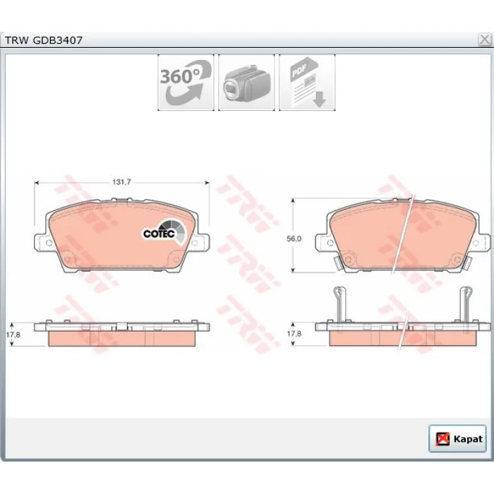 FREN BALATASI ÖN  HONDA CIVIC VIII 1.4 2005-2012 / CIVIC VIII 1.8 2005-2012 / CIVIC VII 1.8 I-VTEC 2000-2006 / CIVIC VII 2.0 I-VTEC 2000-2006