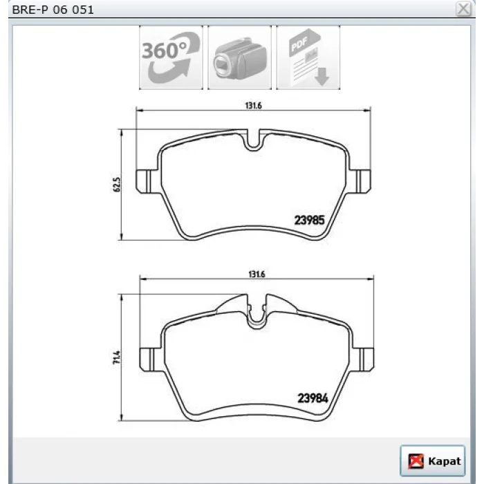 FREN BALATASI ÖN MINI R50/R53 JOHN COOPER 06>/ R55/R56/R57/R58/R59/R60 COOPER S 07>