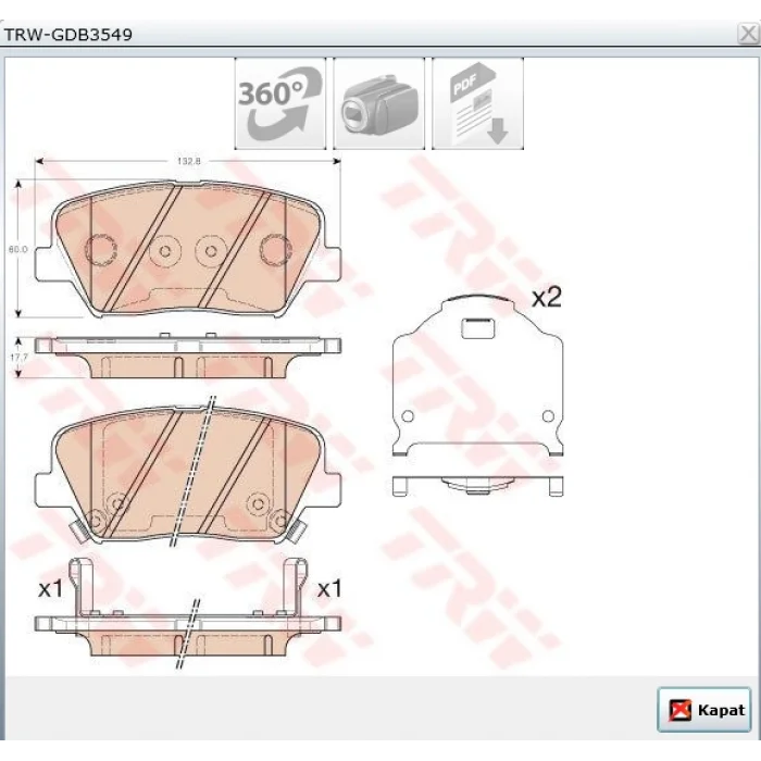 FREN BALATASI ÖN ELANTRA (11-16) İ30 (11-15) CEED (15>) CERATO (13>) PROCEED (13>) SORENTO II (09-15) CARENS IV (13>)  UZUNLUK 132.8 MM