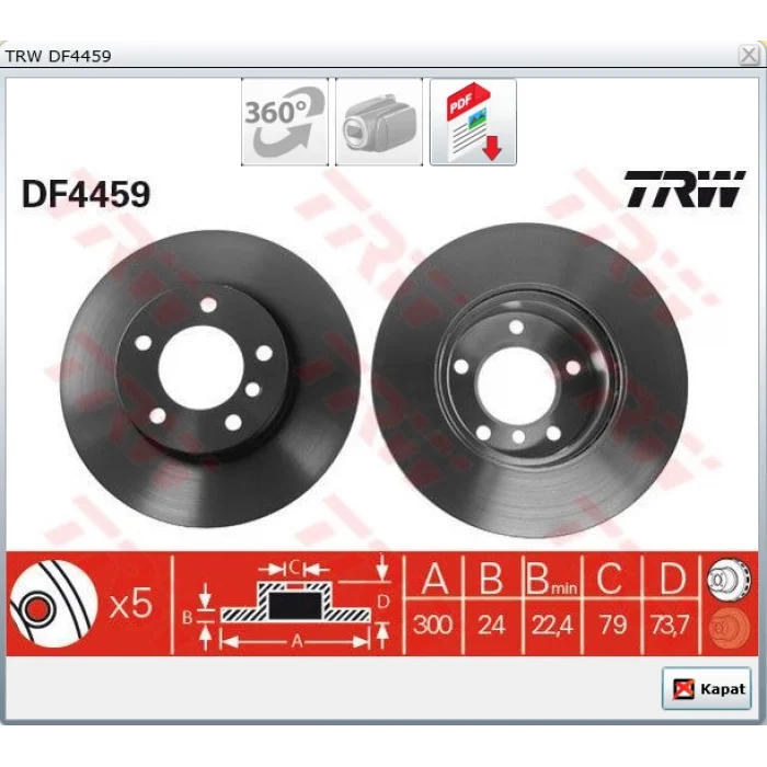 FREN DİSKİ ÖN BMW 1 SERİSİ E81 (06-12) E82 (07-13) E87 (03-13) E88 (08-13) 3 SERİ E90 (05-11) E91 (04-12) E92 (06-13) E93 (06-13) Z4 E89 (09>) HAVALI 300MM