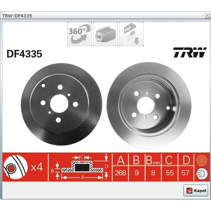FREN DİSKİ ARKA COROLLA (03-07) COROLLA (07-13) VERSO (01-04) PRIUS (03-09) YARIS (99-05) YARIS VERSO (99-05) DÜZ 269MM