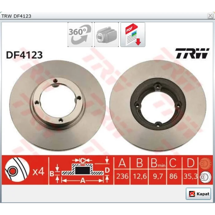 FREN DİSKİ ÖN MATIZ (1998>) MATIZ (2005>) SPARK (2005-2009) DÜZ 236MM