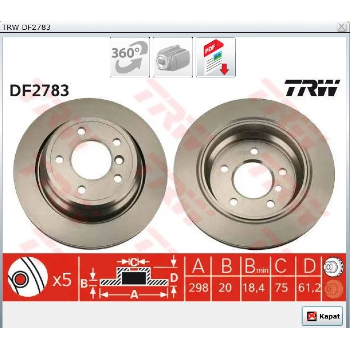FREN DİSKİ ARKA BMW 5 SERİSİ E39 (1995-2003) HAVALI 298MM