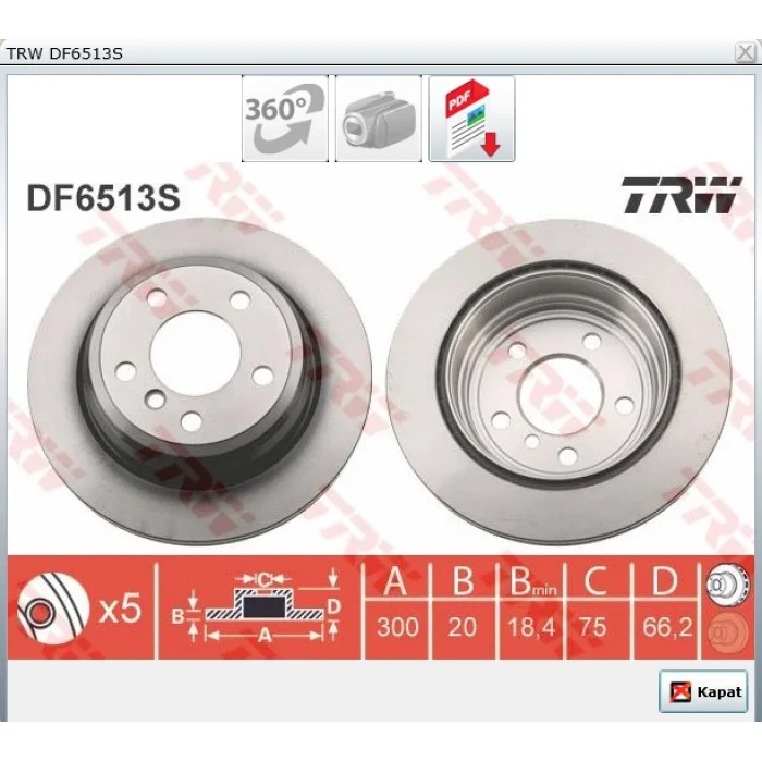 FREN DİSKİ ARKA BMW 3 SERİ F30-F31-F35-F80 (11>) G.TURISMO F34 (13>) 4 SERİ F32-F33-F82-F83 (13>) F36 (14>) HAVALI 300 MM