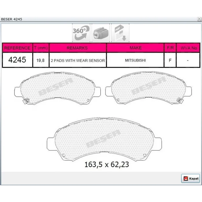 FREN BALATASI ARKA  MITSUBISHI CANTER 300 (12>) A35 (13>) B75L (12>) B25 (15>) B85 813>)