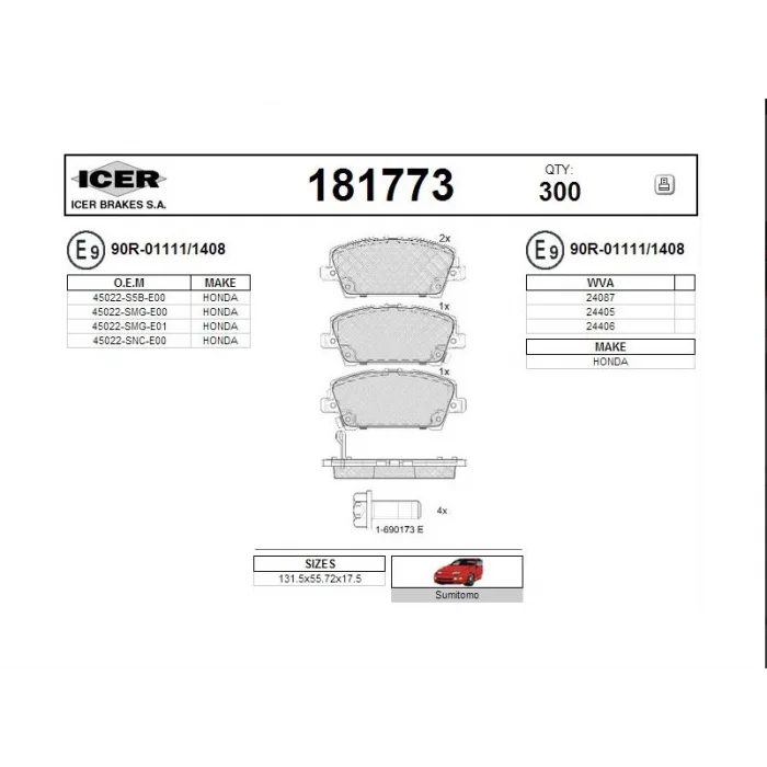 FREN BALATA ÖN  HONDA CIVIC VIII 1.4 2005-2012 / CIVIC VIII 1.8 2005-2012 / CIVIC VII 1.8 I-VTEC 2000-2006 / CIVIC VII 2.0 I-VTEC 2000-2006