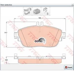 FREN BALATASI ÖN MERCEDES A SERİ W176 (12>) B SERİ W246-W242 (11>) CLA SERİ C117 (13>) X117 (15>) GLA SERİ X156 (13>) INFINITI Q30 (2015>)