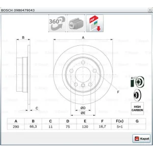 FREN DİSKİ ARKA BMW 1 SERİ F20 (10>) F21 (11>) 2 SERİ F23 (14>) F22-F87 (13>) DÜZ 290MM