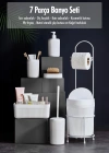 7 Parça Beyaz Banyo Seti Metal Stantlı Kovalı Wc Kağıtlık Kozmetik Kutusu Diş Fırçalık Ve Sabunlukla
