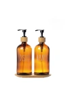 Amber Cam İkili Sıvı Sabunluk Seti 500 ml Bambu Altlıklı