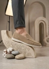 BA0252 %100 İçi Dışı Hakiki Deri Erkek Krem Süet Casual Loafer Termo Taban Ayakkabı