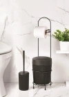 Metal Standlı Yuvarlak Kovalı & Kağıtlıklı & Fırçalıklı Siyah Banyo Takımı