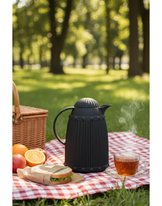1 LT Isı Yalıtımlı Çay ve Soğuk Su Termosu Siyah (12 Saat Sıcak Tutar & İçi Camdır)