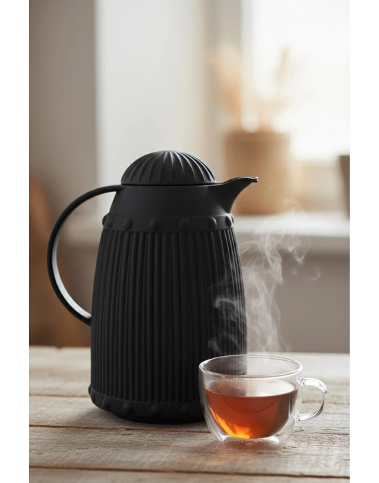 1 LT Isı Yalıtımlı Çay ve Soğuk Su Termosu Siyah (12 Saat Sıcak Tutar & İçi Camdır)