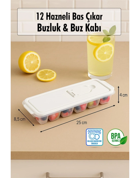 12 Hazneli Bas Çıkar Buzluk & Buz Kabı Mavi