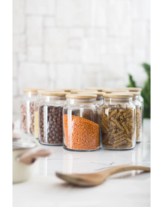 12 Lü Set Bambu Kapaklı Cam Kavanoz & Erzak Saklama Kabı 800 ml Orta  Boy ( Vakum Kapak )
