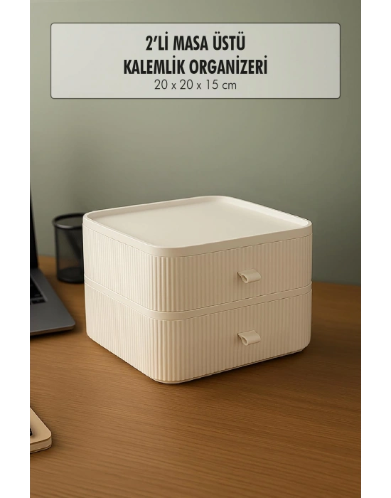 2 Katlı Çekmeceli Kalemlik & Ofis Masa Üstü Düzenleyici & Çok Amaçlı Organizer Beyaz