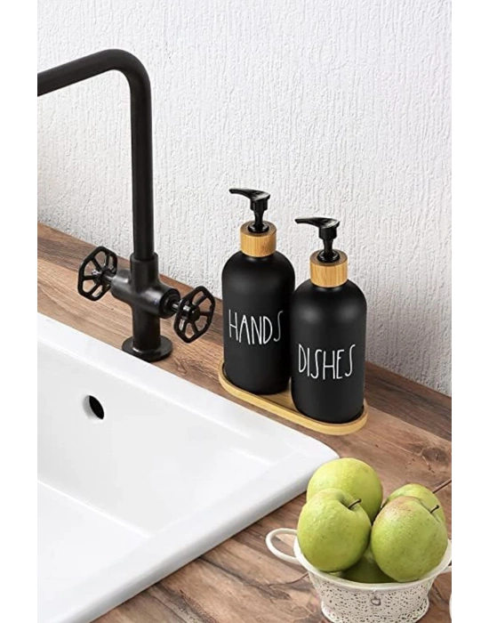 2 Li Bambu Altlıklı Sıvı Sabunluk Seti Siyah