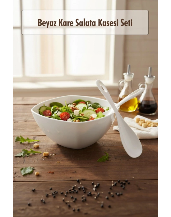 3,5 Lt Beyaz Akrilik Kare Salata ve Servis Kasesi Seti – 3 Parça