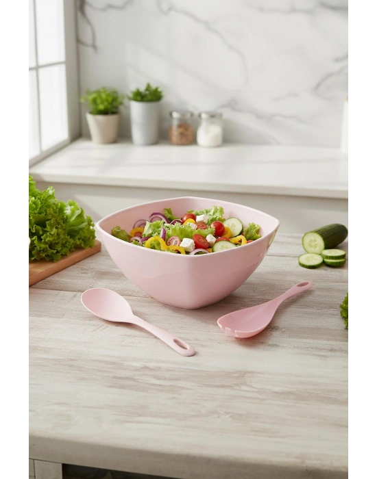 3,5 Lt Soft Pembe Akrilik Kare Salata ve Servis Kasesi Seti – 3 Parça