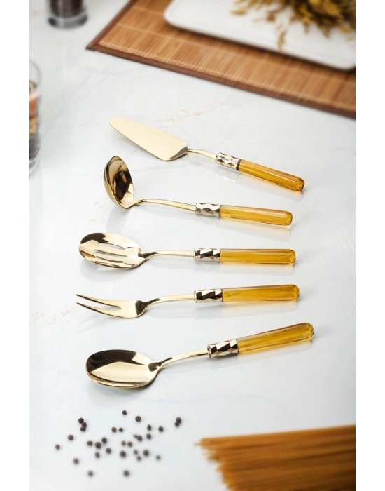 5 Parça Gold Servis Seti & Servis Sunum Seti Amber ( Kepçe / Kevgir / Sıpatula / Çatal / Kaşık )