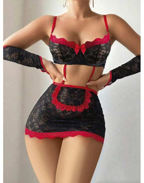 5 parça Kırmızı Siyah Dantel Çiçek Desen Hizmetçi Model Özel Fantezi Tanga Hediyeli 2043