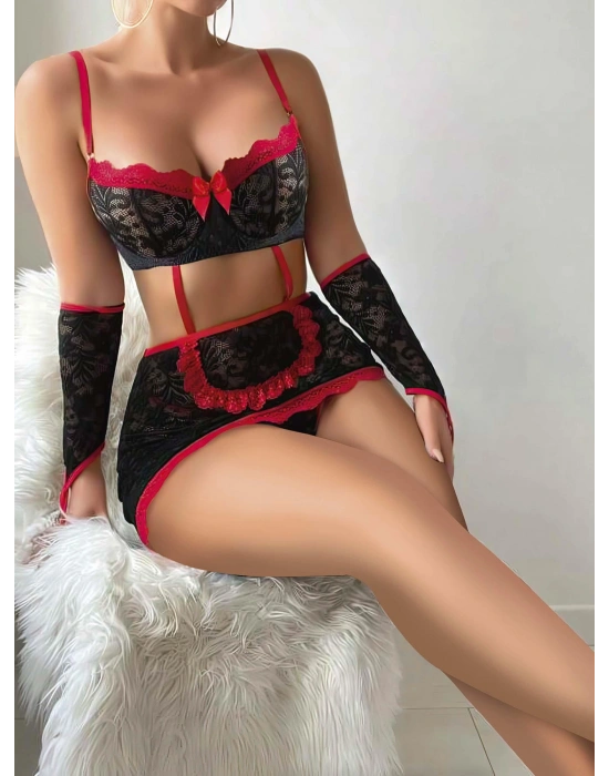 5 parça Kırmızı Siyah Dantel Çiçek Desen Hizmetçi Model Özel Fantezi Tanga Hediyeli 2043