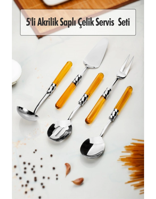 5 Parça Platin Servis Seti & Servis Sunum Seti Amber ( Kepçe / Kevgir / Sıpatula / Çatal / Kaşık )