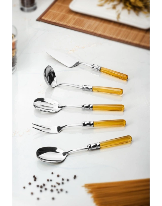 5 Parça Platin Servis Seti & Servis Sunum Seti Amber ( Kepçe / Kevgir / Sıpatula / Çatal / Kaşık )