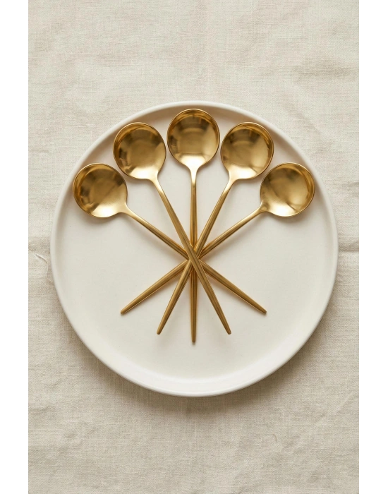 6lı Lüks Gold Paslanmaz Çelik Tatlı Kaşığı Seti (16 cm)