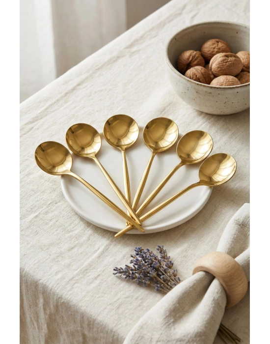 6lı Lüks Gold Paslanmaz Çelik Tatlı Kaşığı Seti (16 cm)