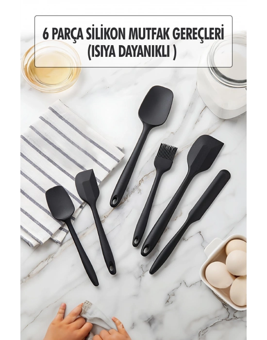 6 Lı Siyah Isıya Dayanıklı Yanmaz Yapışmaz Silikon Mutfak Seti