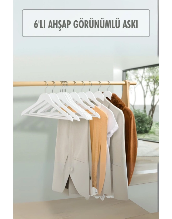 6’lı Ahşap Görünümlü Askı Beyaz 44 cm