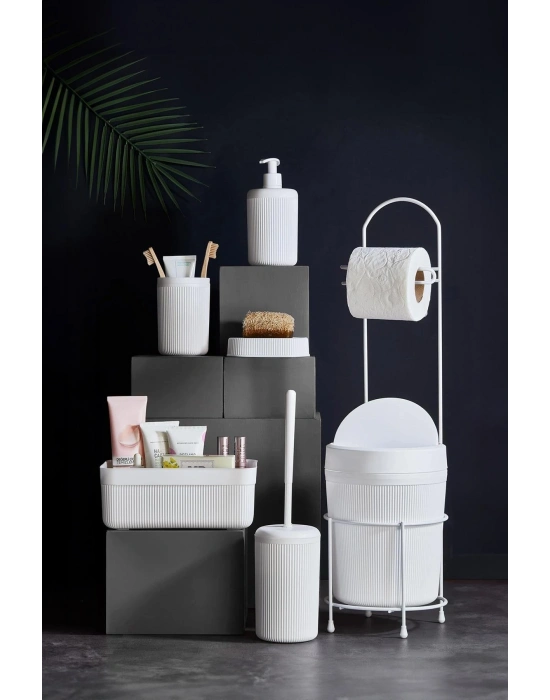 7 Parça Beyaz Banyo Seti Metal Stantlı Kovalı Wc Kağıtlık Kozmetik Kutusu Diş Fırçalık Ve Sabunlukla
