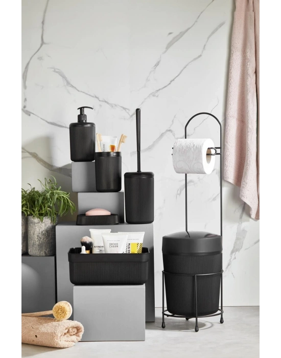 7 Parça Siyah Banyo Seti Metal Stantlı Kovalı Wc Kağıtlık Kozmetik Kutusu Diş Fırçalık Ve Sabunlukla