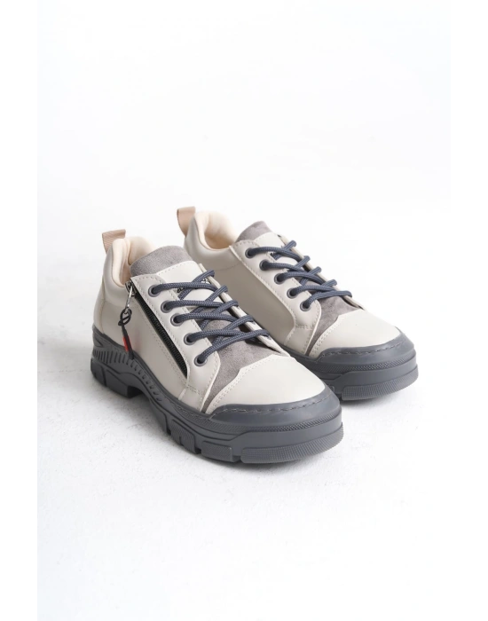 AGATHA Bağcıklı Fermuarlı Ortopedik Taban Kadın Sneaker Spor Ayakkabı CGT - Krem