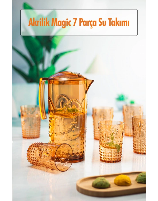 Akrilik Bal Sürahi 2,3 lt Ve 6lı Su Meşrubat Kahve Yanı Bardağı 400 ml Seti ( Cam Değildir )