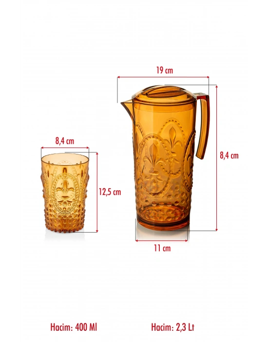 Akrilik Bal Sürahi 2,3 lt Ve 6lı Su Meşrubat Kahve Yanı Bardağı 400 ml Seti ( Cam Değildir )