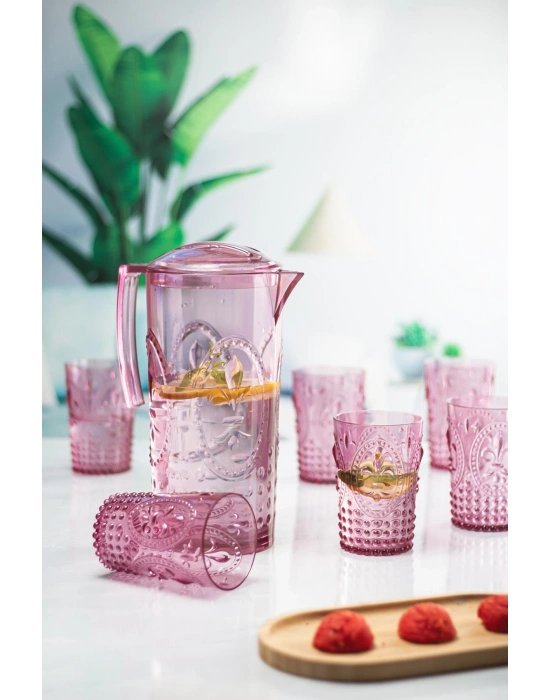 Akrilik Mürdüm Sürahi 2,3 lt Ve 6lı & Su Meşrubat Kahve Yanı Bardağı 400 ml Seti ( Cam Değildir )