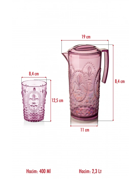 Akrilik Mürdüm Sürahi 2,3 lt Ve 6lı & Su Meşrubat Kahve Yanı Bardağı 400 ml Seti ( Cam Değildir )