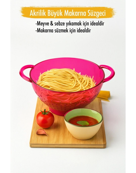 Akrilik Pembe Makarna Süzgeçi & Sebze Meyve Süzgeçi