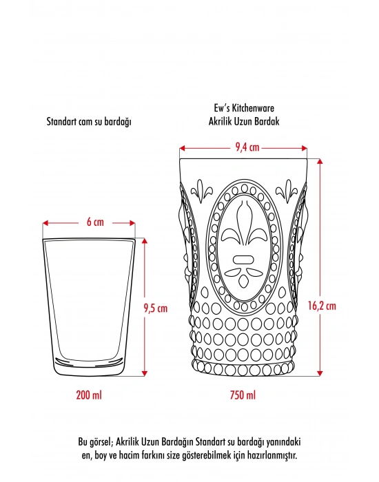 Akrilik Şeffaf 6lı Uzun Bardak & Su Meşrubat Bardağı 750 ml ( Büyük Boy & Cam Değildir )